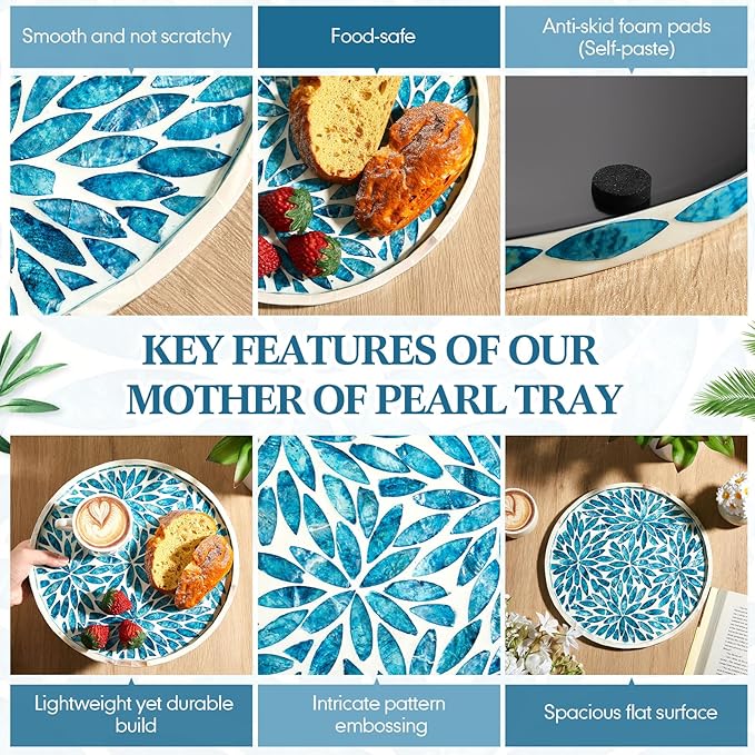 Chunful Mother of Pearl Round Serving Tray 10 Inch Wood Coffee Table Tray for Tea Breakfast Kitchen Cabinet (Leaf Style)