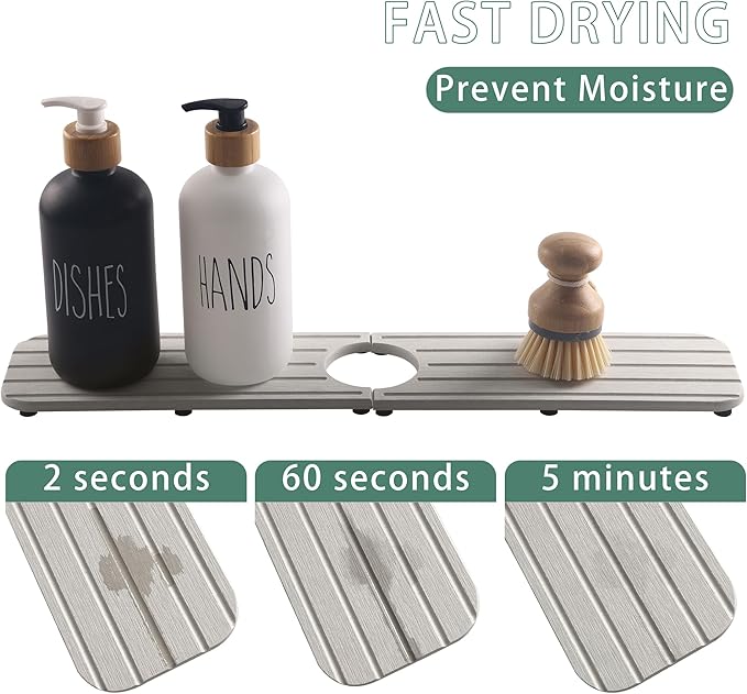 20inch x 4inch Kitchen Sink Faucet Mat, Water Absorbing Stone Faucet Splash Guard for Bathroom Counter, Quick Drying Diatomite Tray for Kitchen Sink, Light Gray