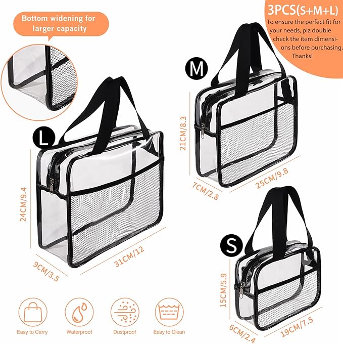 XEWEA Large Small Clear Travel Toiletry Bags with Handles & Pocket for Men Women, 3PCS TSA Approved Transparent Makeup Bag,Waterproof PVC Quart Organizer with Zipper for Toiletries Airline Essentials