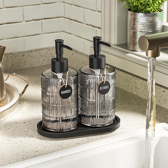 MASADI Soap Dispenser Set with Bamboo Tray, Dish and Hand Soap Lotion Dispenser Set with Wooden Pump for Kitchen and Bathroom Decor for Counter, Modern Vintage Liquid Soap Dispensers (Grey&Black)