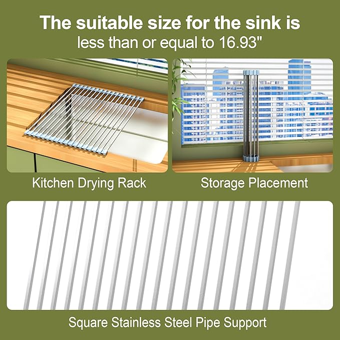 Roll Up Dish Drying Rack Over Sink Silicone Wrapped 304 Square Stainless Steel Dish Drainer Sink Counter Kitchen Home RV Essentials Foldable Sink Organizer,16.93" L×12.91" W,Grey