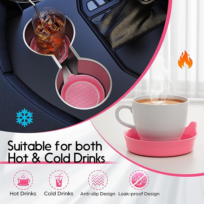 Amooca Car Cup Coaster Universal Non-Slip Cup Holders Bling Crystal Rhinestone Car Interior Accessories 4 Pack Peach Pink