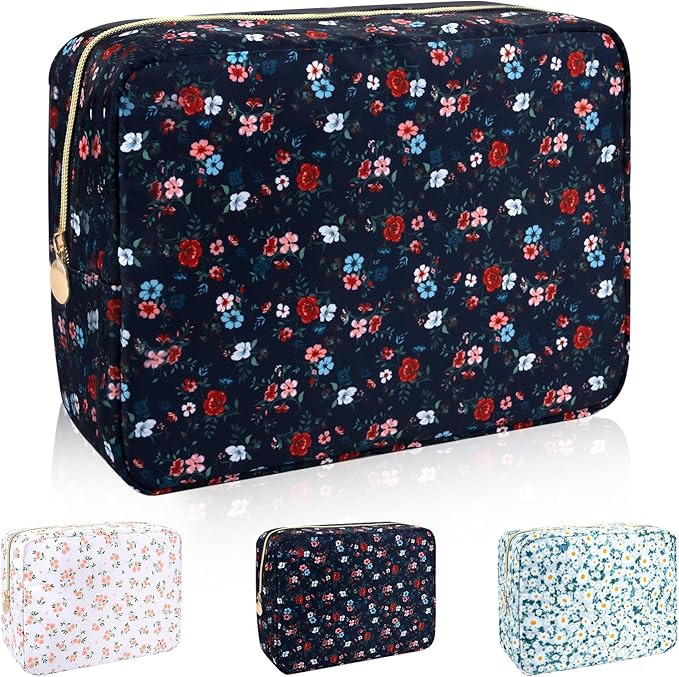 Waterproof Nylon Large Makeup Bag Travel Pouch, Floral Preppy Big Cosmetic Bag Make Up Organizer Toiletry Bag with Zipper, Large Capacity Cute Zipper Pouch Storage Bag for Women Girls(Black Rose)