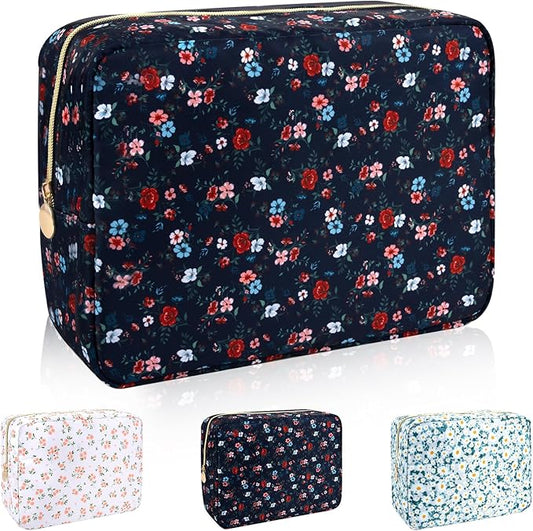 Waterproof Nylon Large Makeup Bag Travel Pouch, Floral Preppy Big Cosmetic Bag Make Up Organizer Toiletry Bag with Zipper, Large Capacity Cute Zipper Pouch Storage Bag for Women Girls(Black Rose)