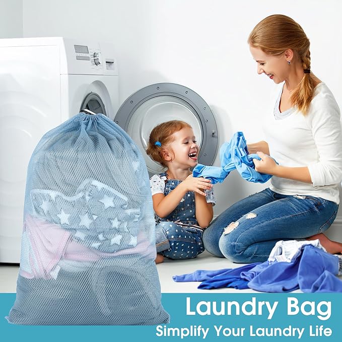 2 Pack Mesh Laundry Bags, 23 x 34 Inches Heavy Duty Mesh Laundry Bag, Large Laundry Drawstring Bag for College, Dorm, Travel, Family and Apartment Dwellers, Aqua