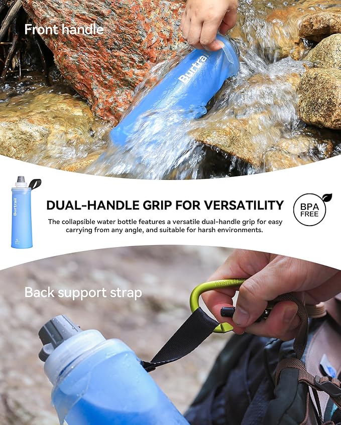 Ultralight Collapsible Water Bottle, Compatible with 42mm BeFree Water Filter Cartridge, 1.0L Leakproof Foldable Water Bottle for Camping, Backpacking, Travel & Endurance Sports