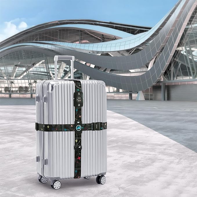 Travelkin Luggage Straps TSA Approved - Adjustable Cross Suitcase Straps with TSA Lock, Reinforced Buckle, Unique Pattern - Secure Heavy Duty Luggage Straps for Travel (Air Line Black)