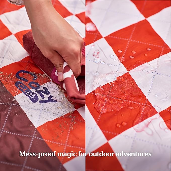 Cozy Club Waterproof Picnic Blanket Foldable Outdoor Mat with Pocket, Stakes & Shoulder Strap | Sandproof, Durable & Portable for Beach, Camping, Sporting Events & Travel