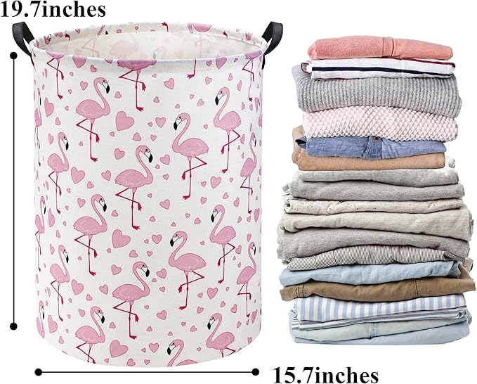 HIYAGON Pink Flamingo Baby Laundry Basket Baby Hamper for Nursery Girl Kids Pink Hamper Cute Kids Toys Storage Bin Organizer Flamingo Room Decor for Home(Heart Flamingo)