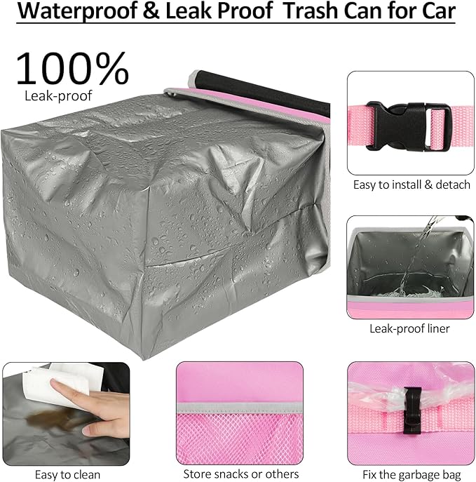 ELONGRIVER Car Trash Can for SUVs, Trucks, Vans - Pink, 2 Gallons Capacity, Leak-Proof Liner, Utility Clasps, Cute Design