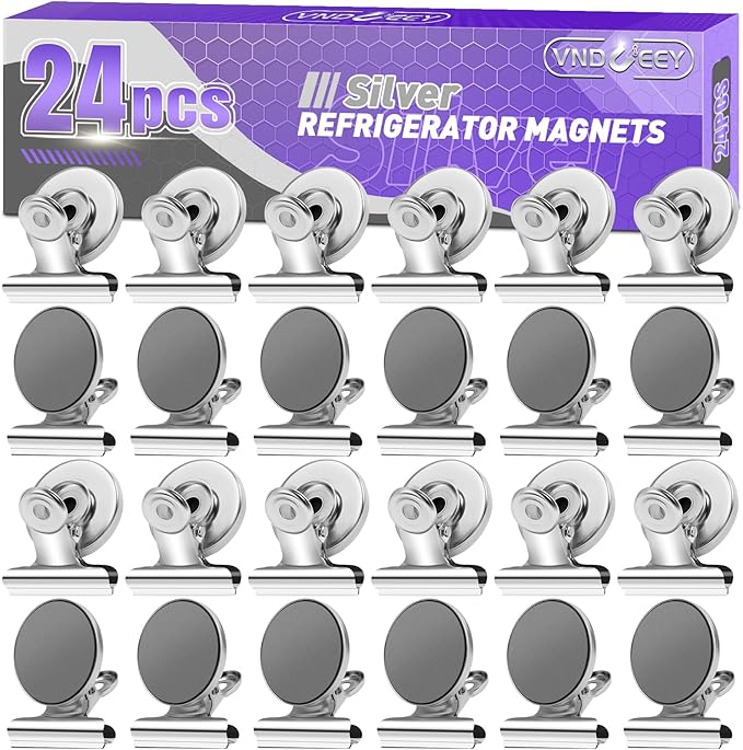VNDUEEY 24 Pack Strong Magnetic Clips, Fridge Magnets Refrigerator Magnet, Whiteboard Magnets Heavy Duty Magnet Clips for Home, Office, Classroom, Locker, Cruise (Silver)
