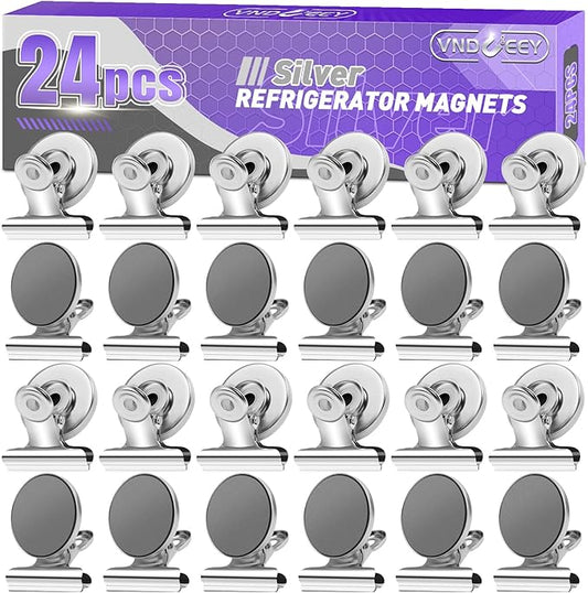 VNDUEEY 24 Pack Strong Magnetic Clips, Fridge Magnets Refrigerator Magnet, Whiteboard Magnets Heavy Duty Magnet Clips for Home, Office, Classroom, Locker, Cruise (Silver)
