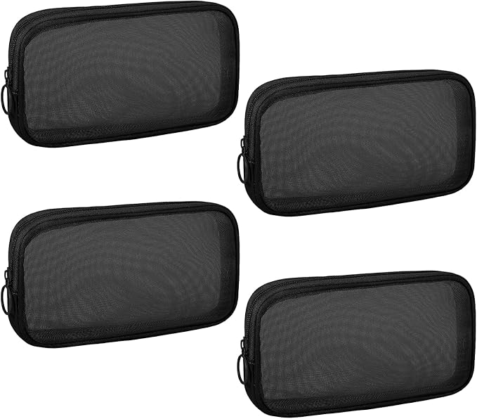 4 Pieces Mini Zipper Nylon Mesh Pouch, Mesh Cosmetic Bags Makeup Bags, Multipurpose Travel Toiletry Bags for Office Supplies and Travel Accessories (Black, M)