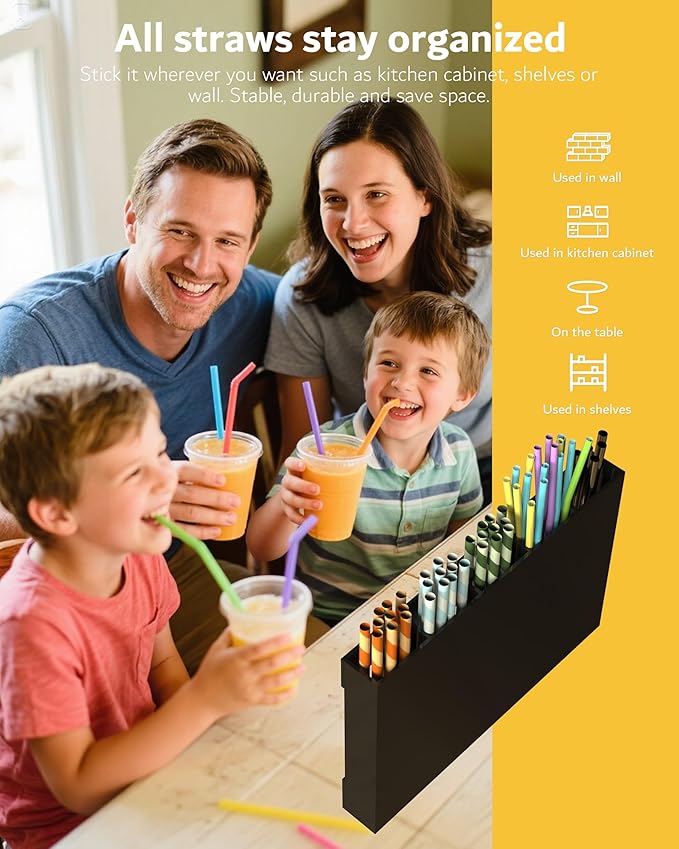 Acrylic Straw Holder & Organizer - Compact, Adhesive Tape Included for Easy Installation - Perfect for Countertops, Cabinets, or Kitchen Storage (Black-5 Compartments)