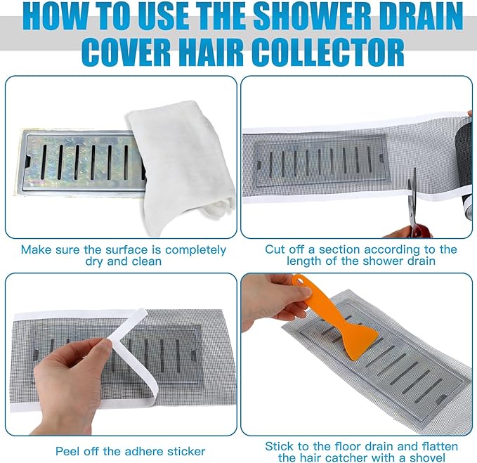 2 Pack 4 Inch x 33 ft Linear Shower Drain Hair Catcher Screen Disposable Adhesive Cutable Mesh Shower Drain Cover Stickers for Linear DIY Floor with Removal Tool for Bathroom Kitchen Bathtub