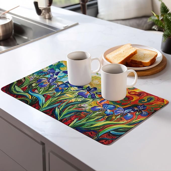 watercolor Flowers Dish Drying Mat for Kitchen Counter Microfiber Super Absorbent Non-Slip Dish Drying Pad for Countertops Dishes Utensils Stylish Quick-Dry Machine Washable 18x24 Inch