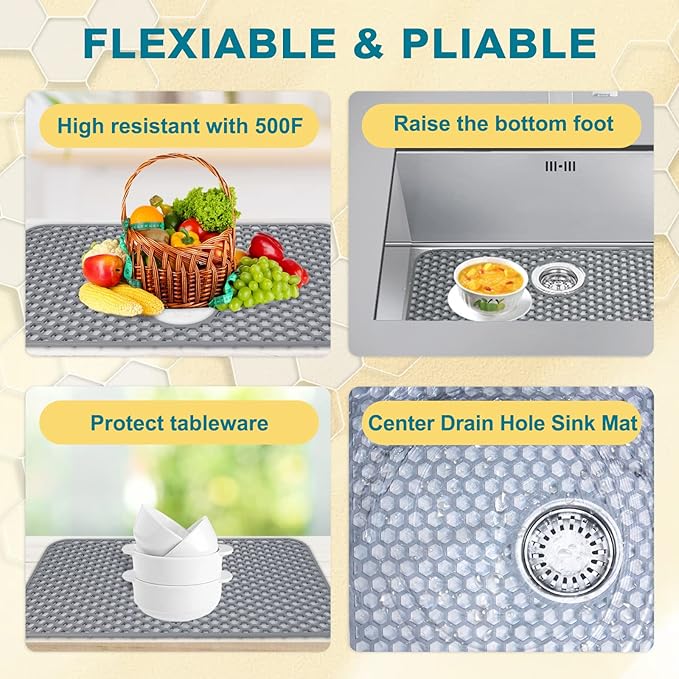 Silicone Sink Protectors for Kitchen Sink with Rear Drain - 26"x 14" Kitchen Protector Accessory, Non-Slip Heat Resistant Grid Mat for Bottom of Farmhous Peorcelain Stainless Steel(Rear Hole)