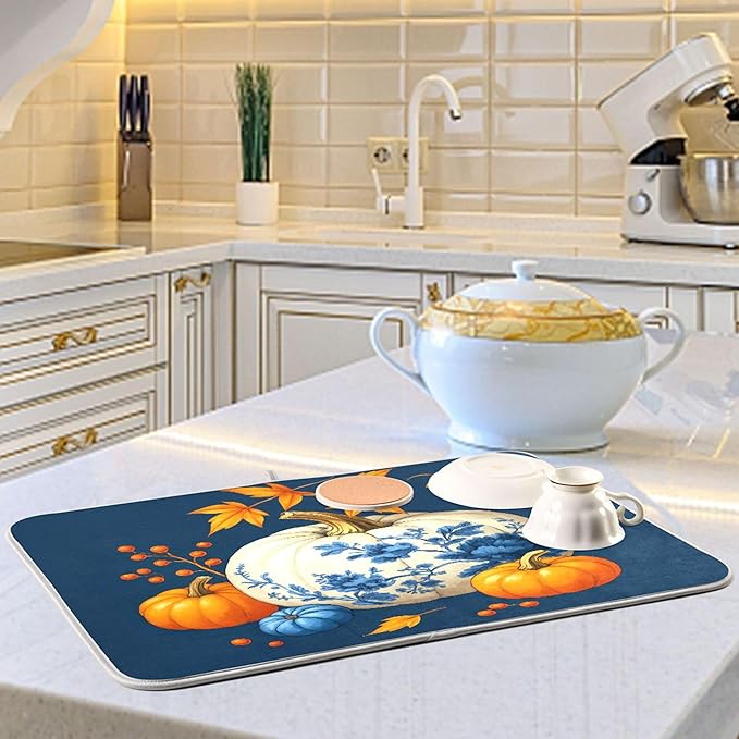 Pumpkin Porcelain Blue White Dish Drying Mat for Kitchen Countertop 16x18 Fall Maple Leaves Thanksgiving Day Small Drying Mat Reusable Quick Dry Dish Sink Mats Easy Clean Decorative Essentials