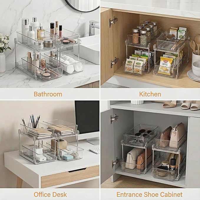 2 Pack Clear Under Sink Organizers, Pull Out Cabinet Organizer,2 Tier Bathroom Storage Organizer,Cabinet Drawers Organization Bins with Track for Kitchen,Pantry,Fridge,Vanity