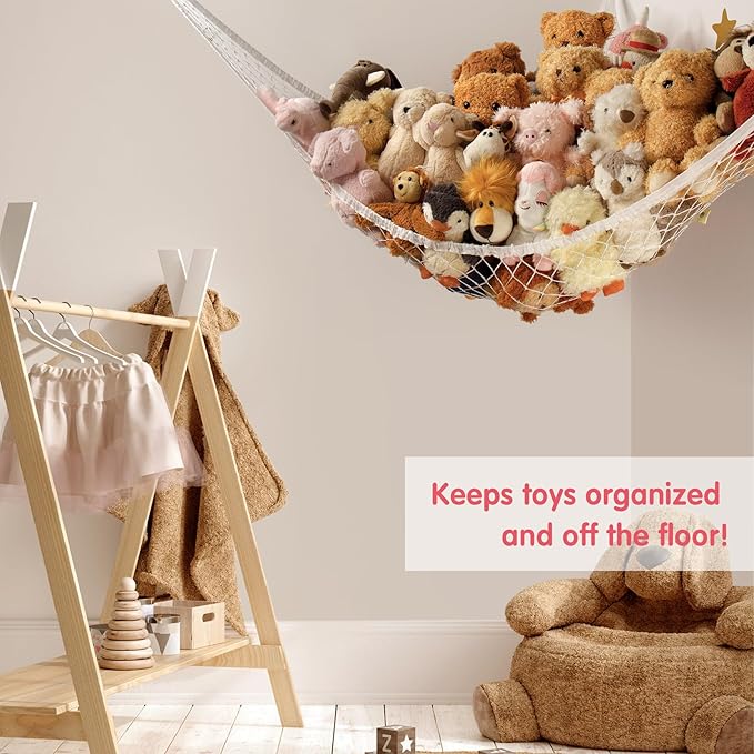 Stuffed Animal Storage Hammock Net Corner - Large Toy Hammock Net for Stuffed Animals Room Decor - Cute Stuff Animal Organizer Holder for Plush Plushie - Kids Baby Nursery Wall Bedroom Home Decor