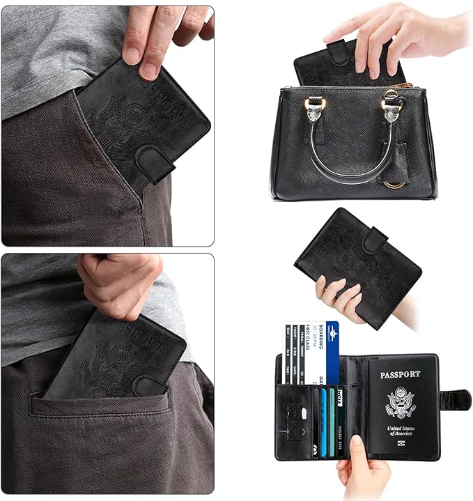 WALNEW Passport Holder for Travel, RFID Passport Cover Wallet for Women Men, PU Leather Passport Book Card Holder Case with Pen (Buckle Closure, Buckle-Black)