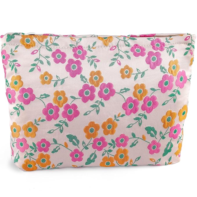 ZLFSRQ Daisy Flower Makeup Bag Travel Cute Floral Cosmetic Bags for Women Large Toiletry Pouch Zipper Cosmetic Pouch for Purse Aesthetic Makeup Organizer Bag Portable Toiletry Bags (Orange and Pink)