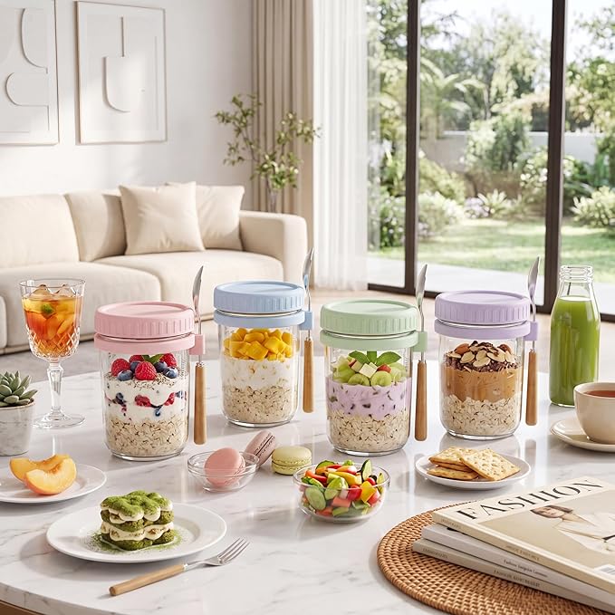 HomArtist 16oz Overnight Oats Containers with Lids and Spoons, 4 Pack Wide Mouth Mason Jars with Airtight Lids, Overnight Oats Jars for Salad, Chia Seed, Cereal, Yogurt