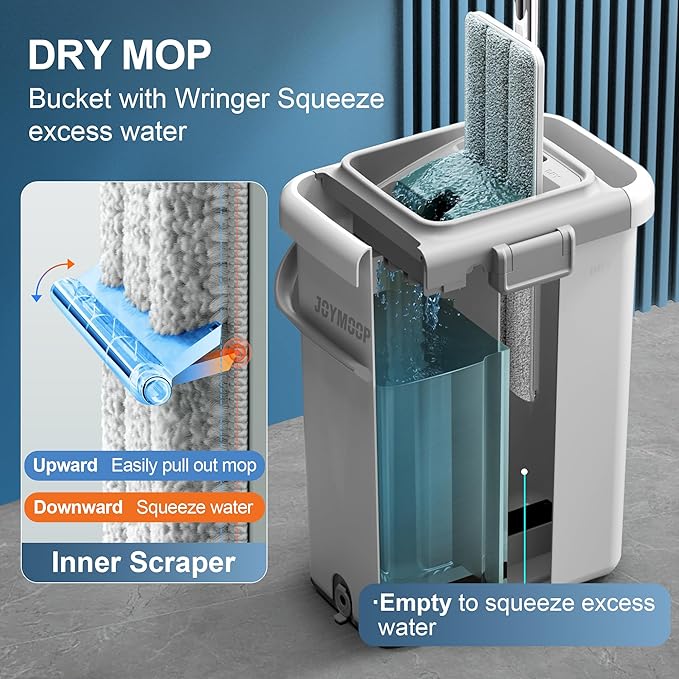 JOYMOOP Mop and Bucket Set – Hands-Free Flat Floor Mop for Household and Commercial Use, with 3 Washable Microfiber Pads, Wet and Dry Cleaning System, Ideal for Home and Office Floors
