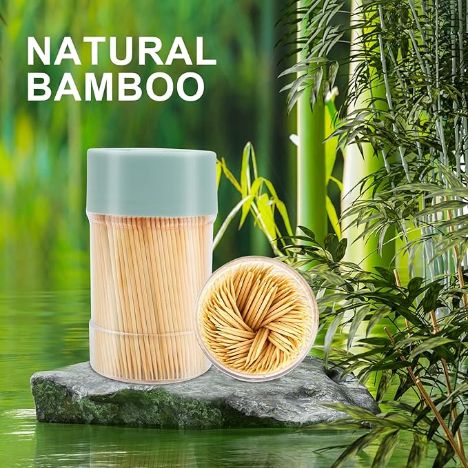 Bamboo Toothpicks [3000 Count] - With Reusable Toothpick Holder, Sturdy Smooth Finish Tooth Picks, for Party, Appetizer, Olive, Barbecue, Fruit and Teeth Cleaning, Green.