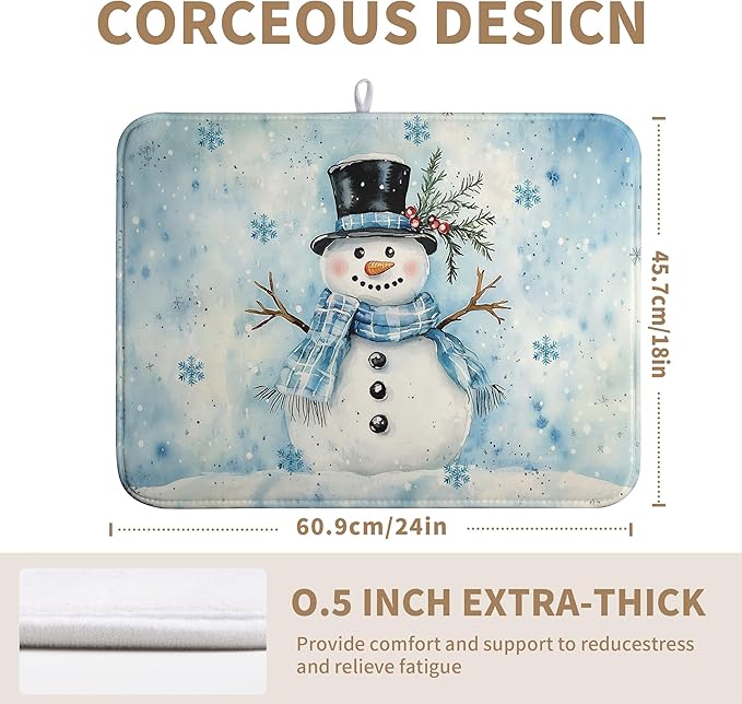 Snowman Super Absorbent Dish Drying Mat, 18x24 Inch, Winter Blue Snowflake Dish Drainer Rack, Large, Microfiber Dry Mat, Christmas Kitchen Accessory