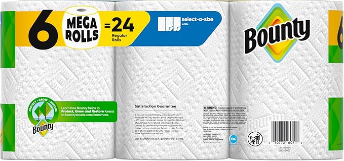 Bounty Select-A-Size Paper Towels, White, 6 Mega Rolls = 24 Regular Rolls