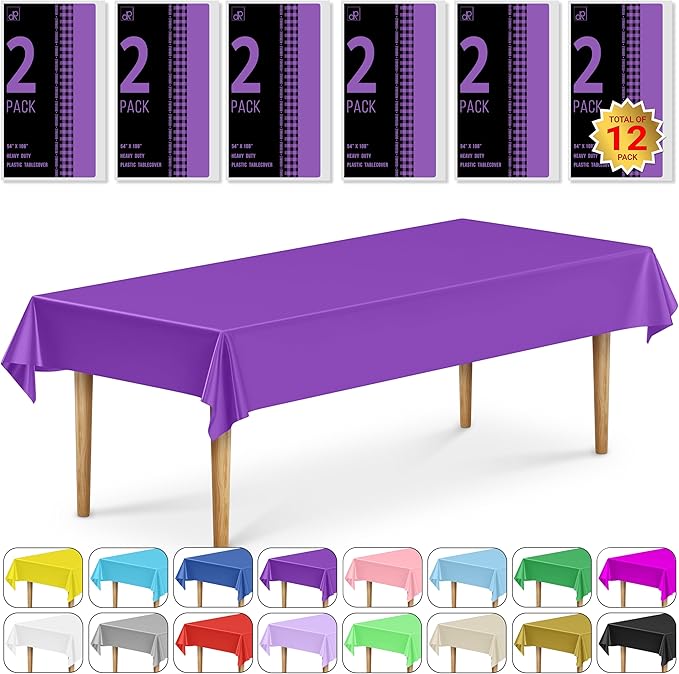 DecorRack 12 Rectangular Tablecloths BPA-Free Plastic, 54 x 108 inch, Dining Table Cloth, Rectangle Table Cover for Parties, Picnic, Camping and Outdoor, Disposable or Reusable, Purple (12 Pack)