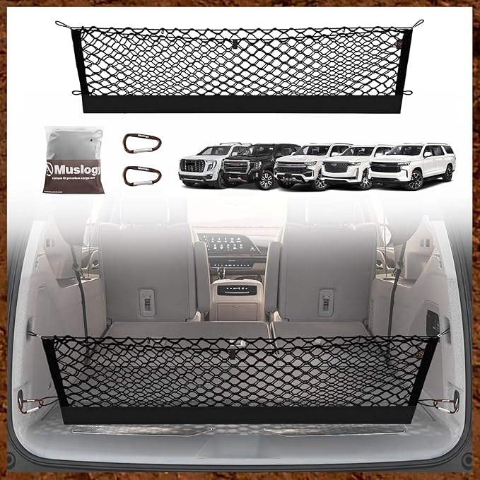 Muslogy Envelope Style Trunk Cargo Net Compatible with 2021-2025 Chevy Suburban&Tahoe, GMC Yukon&Yukon XL, Cadillac Escalade Accessories Upgraded Mesh Storage Luggage Net with Metal Hooks