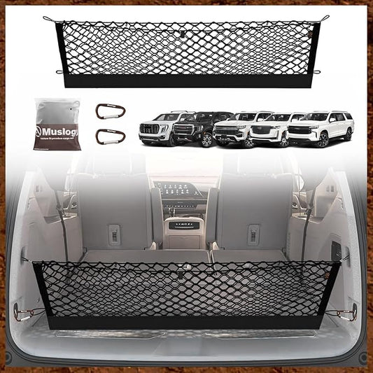 Muslogy Envelope Style Trunk Cargo Net Compatible with 2021-2025 Chevy Suburban&Tahoe, GMC Yukon&Yukon XL, Cadillac Escalade Accessories Upgraded Mesh Storage Luggage Net with Metal Hooks