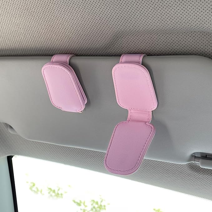 KIWEN 2 Packs Sunglasses Holders for Car Visor, Magnetic Leather Glasses Eyeglass Clip for Car, Ticket Card Clip Sunglasses Mount, Car Visor Accessories Gadgets (2, Pink)