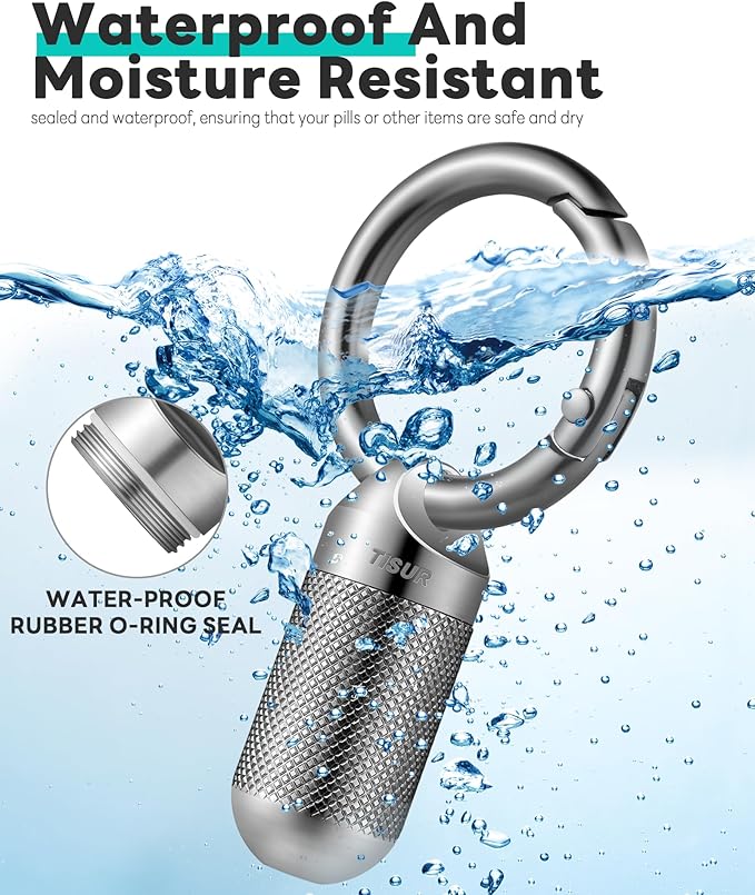 TISUR Titanium Keychain Pill Holder Small Metal Pill Case, Pill Organizer Portable Waterproof Pill Container, Travel Pill Bottle Box for Purse (Tiny-0.39inch)