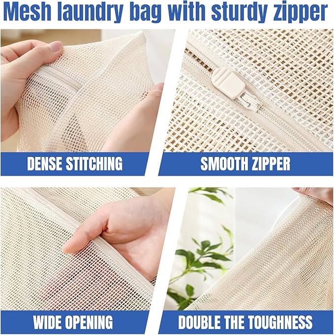 4Pcs Large Cotton Mesh Laundry Bags for Delicates, Breathable Mesh Garment Bag for Washing Machine, Travel Wash Bags with Zipper for Bras, Underwear, Socks, Clothes, Laundry Dorm Room Essentials