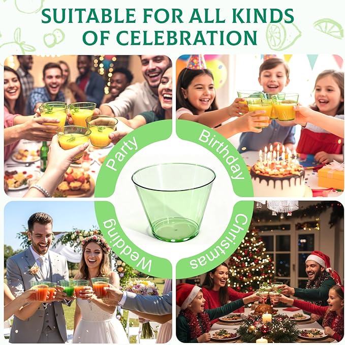 9 oz Clear Plastic Cups Green Plastic Disposable Cups for Cocktail 50 Pack Fancy Cocktail Cup for Party Stemless Wine Glasses for Wedding Graduation Birthday