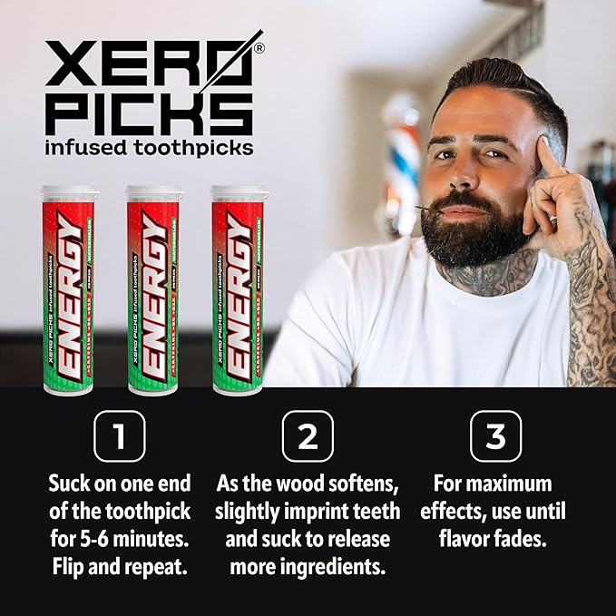 Xero Picks Energy Caffeine Flavored Toothpicks B12 for Focus & B6, 60 Picks (Pack of 3) (Watermelon) Sugar-Free Alternative to Energy Mints & Gum - Kosher