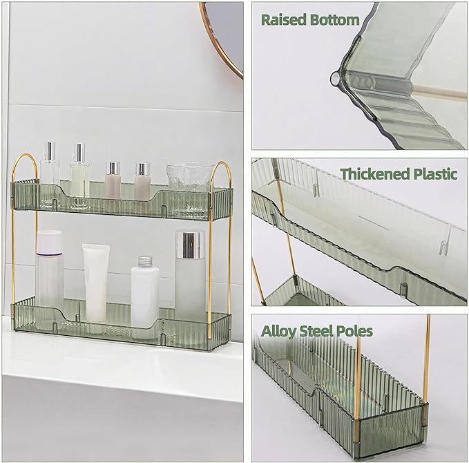 Bathroom Countertop Organizer, 2-Tier Slim Vanity Storage Rack for Bathroom Sink, Narrow Counter Organizer for Toiletries Skincare Perfume with Green Plastic Trays
