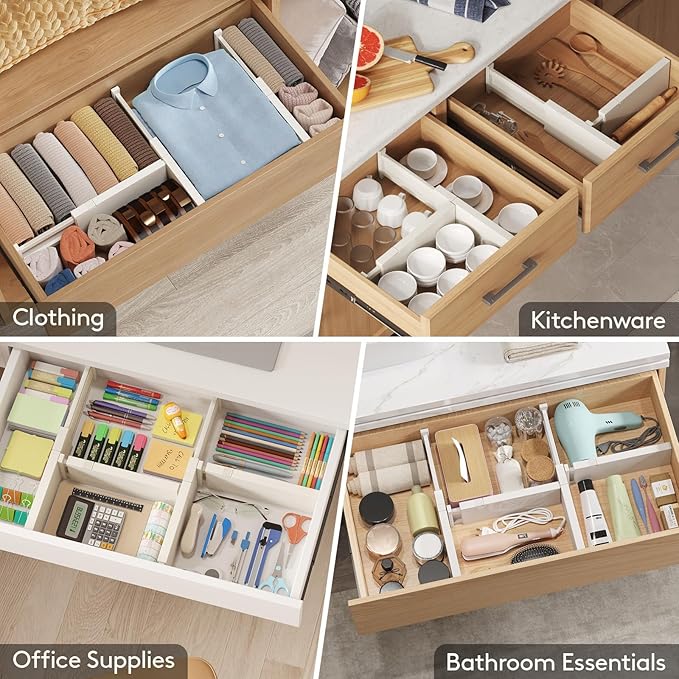 Lifewit 4 Pack Drawer Dividers Plastic 4" High, 11-17" Adjustable Drawer Organizers for Clothes, Expandable Dresser Separators in Bedroom/Bathroom/Kitchen/Office Organization and Storage, Beige