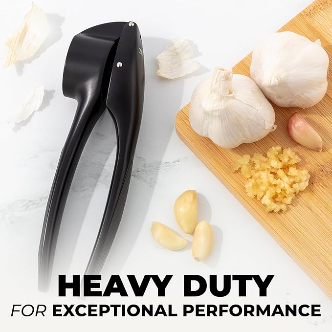 Zulay Kitchen Large Premium Garlic Press Set – Rust Proof & Dishwasher Safe, Bigger Bowl Garlic Mincer Tool with Silicone Garlic Peeler & Brush, Easy Squeeze & Clean, Ergonomic Handle - Black