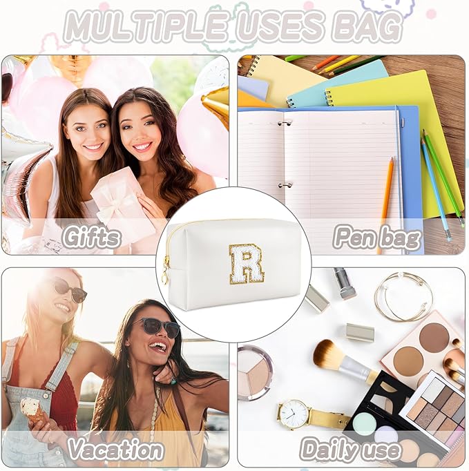 Gifts for Girls Initial Makeup Bag Personalized Cosmetic Bag with Zipper Cute Travel Toiletry Bags Waterproof PU Preppy Makeup Pouch Birthday Gift for Teen Girls Women(White R)