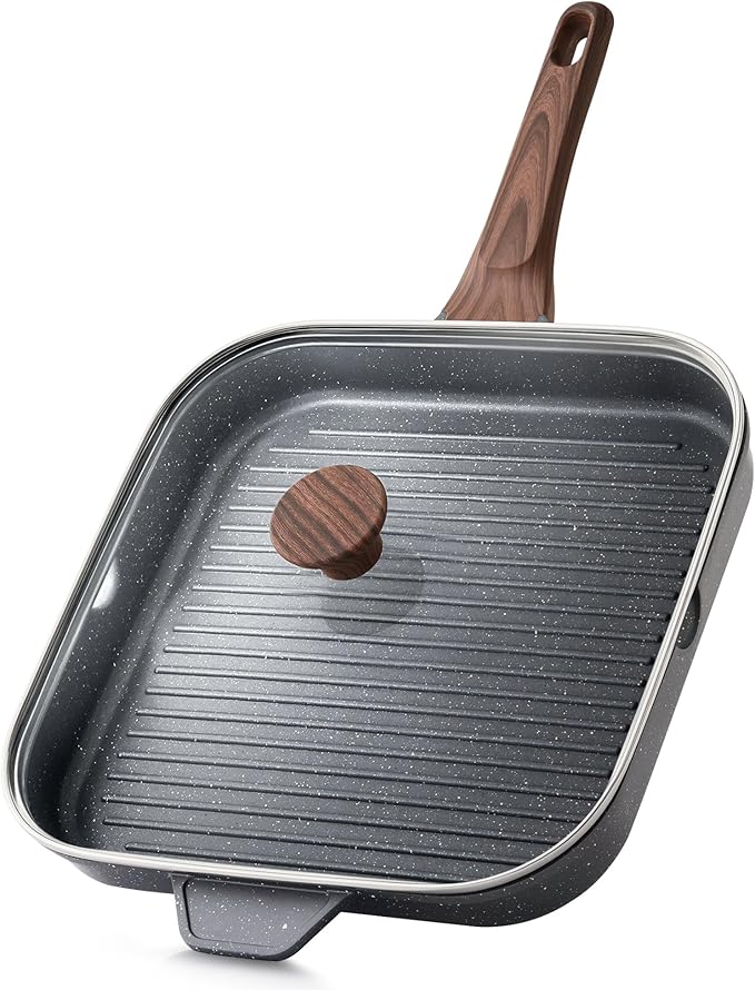 SENSARTE Nonstick Grill Pan with Lid, Grill Pan for Stove Tops, Versatile Griddle with Pour Spouts, Square Big Cooking Surface, Durable Skillet Indoor & Outdoor Grilling. PFOA Free, 12Inch