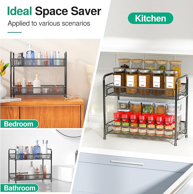 Spice Rack Organizer for Countertop, Xpatee 2-Tier Foldable Metal Rust-Proof Standing Large Seasoning Storage Shelf with Guardrail and Mesh Design for Kitchen Cabinet Bathroom Living Room Pantry, Black