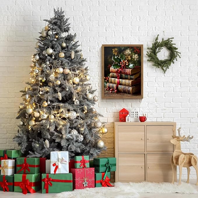 Vintage Christmas Books Canvas Wall Art Framed, Dark Academia Pictures Wall Decor, Rustic Xmas Bookish Decor, Moody Paintings Prints, Winter Navidad Artwork for Home Library Reading Room 12x16 Inch