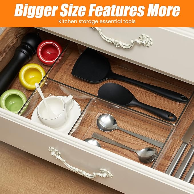 12 Pack Clear Plastic Drawer Organizer Set, Acrylic Non-Slip Non-Cracking Kitchen Drawer Storage Tray Large Size Divider, Multifunctional Storage for Cosmetics, Bathroom, Tools, Kitchen, and Office