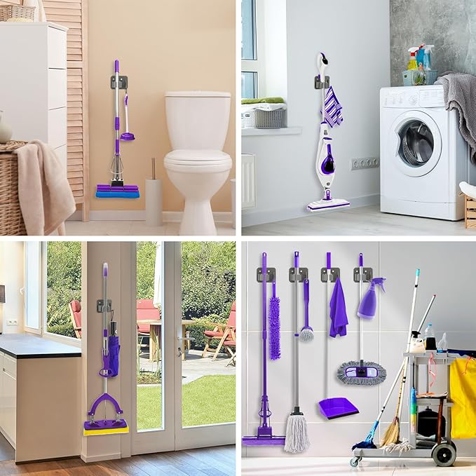 Broom Holder Wall Mount Screw Drilling, Sturdy Heavy Duty Stainless Steel Mop Gripper Rack Perforated, Perfect for Laundry Room Organizer, Fit with Laundry Kitchen Garage Garden Storage System
