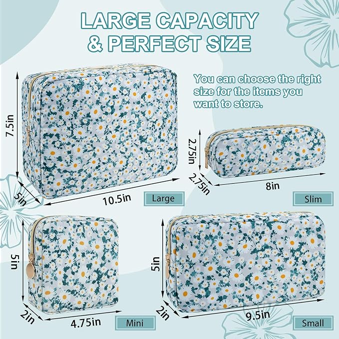 Waterproof Mini Floral Makeup Bag Pouch for Purse, Nylon Flower Cosmetic Travel Bag Small Preppy Toiletry Organizers Bag for Women Girl, Cute Zipper Pouch Coin Purse for Work (Mini Green-Daisy)