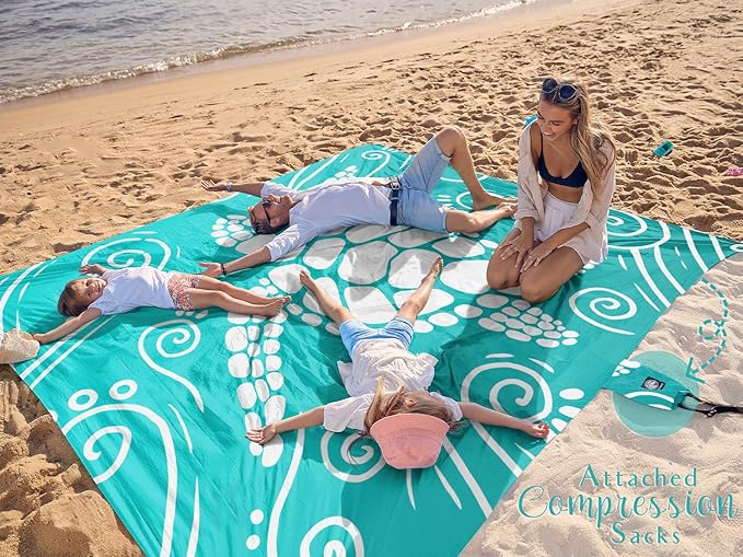 WEKAPO Beach Blanket Waterproof Sandproof Oversized Extra Large Sand Free Beach Mat with Stakes, Storage Bag - Essentials for Outdoor Beach, Picnic (Gradient Teal Sea Turtle, 8 X 7 FT (1~4 Person))